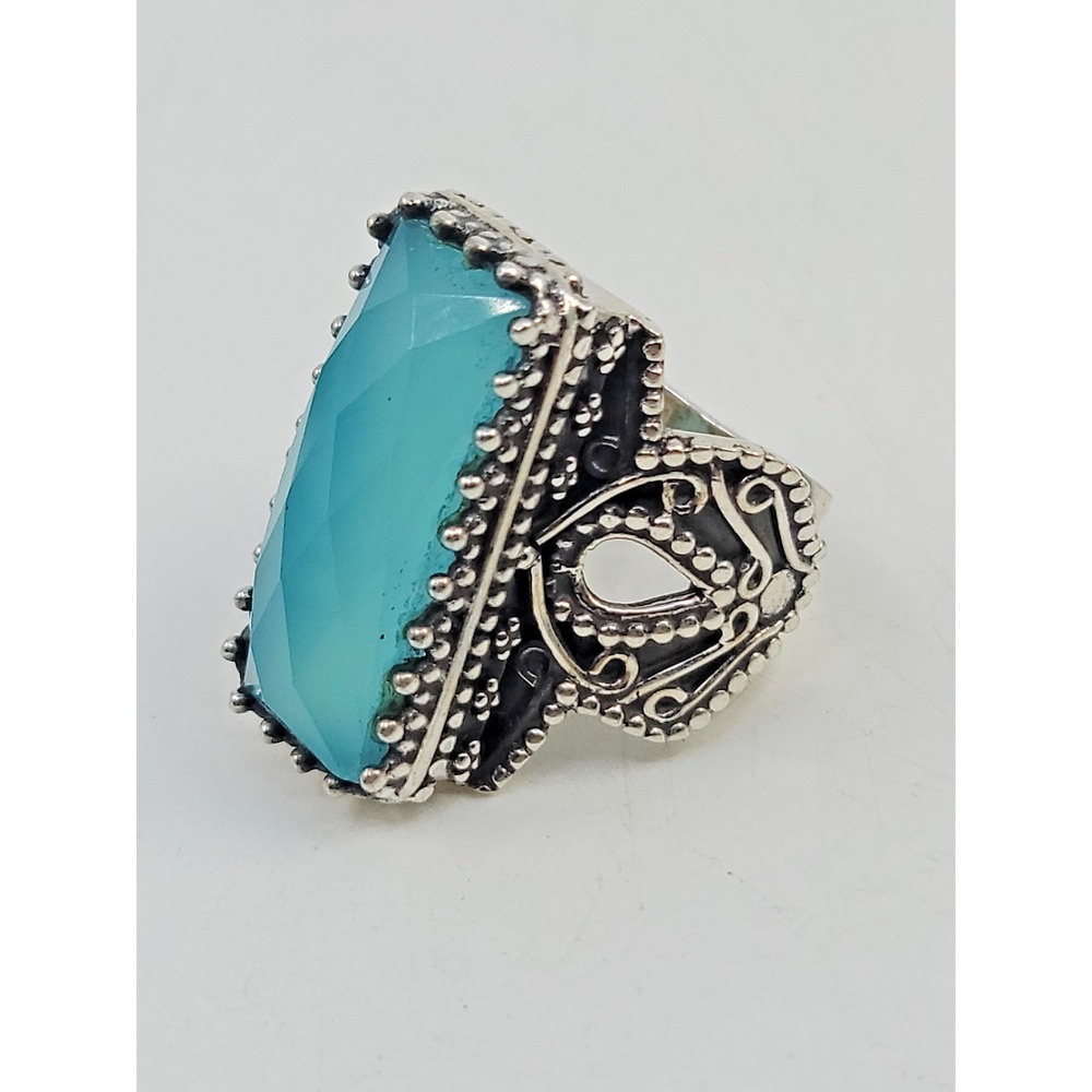 Sterling Silver 925 Chalcedony Large Gem Ornate Ring Size 8.5 Estate Ocean Blue - Picture 2 of 6